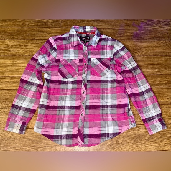 Canada Weather Gear Womens Pink Gray Flannel Shirt Size Medium - Picture 2 of 9